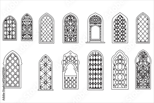 ornate windows old fence and wall vector set