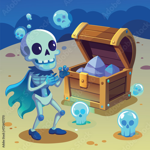 Sunbathing ghosts or beach skeletons Skeleton pirate guarding a treasure chest underwater