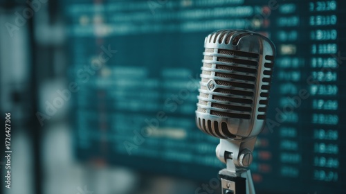 Closeup of vintage silver microphone with digital data overlays showing audio recording and podcasting themes, against a modern background with copy space on the right