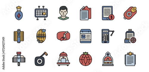 Flat style collection of various digital and industrial icons