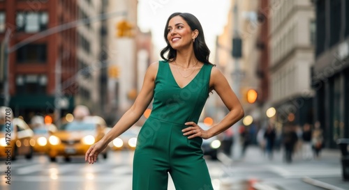 A woman in a green jumpsuit standing on a city street with traffic in the background.