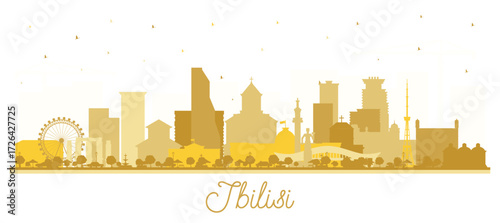 Tbilisi Georgia City Skyline Silhouette with golden Buildings Isolated on White. Illustration. Tbilisi Cityscape with Landmarks. Business Travel and Tourism Concept with Historic Architecture.