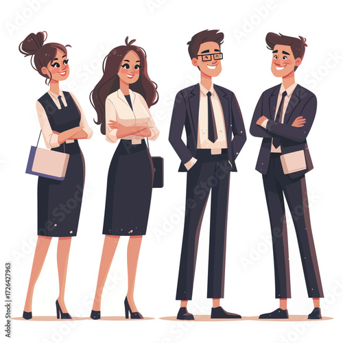 Four young professionals, two men and two women, stand confidently in smart attire. They are engaged in a lively conversation at a corporate event or meeting venue.