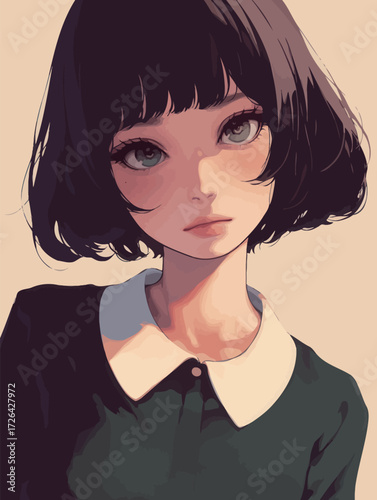 A girl stares directly at the viewer with captivating green eyes and a short bob haircut. She wears a vintage-style outfit with a white collar.