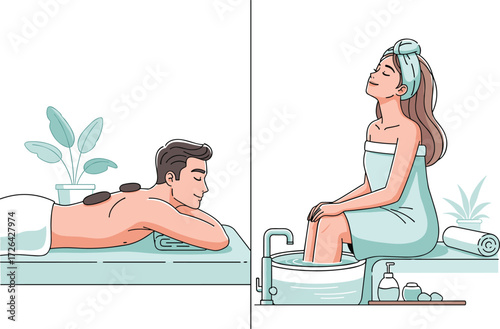 Cartoon Lifestyle Icons Featuring Man and Woman Enjoying Spa Massage and Foot Soak, Calm Mood, Wellness Theme, and Self-Care Scene