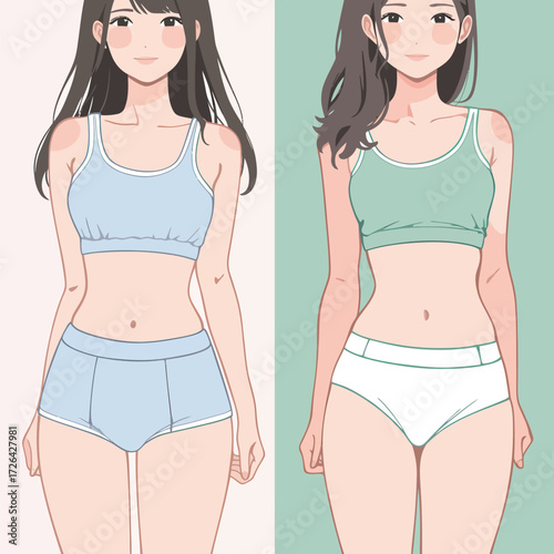 Two women stand side by side, each wearing a simple top and shorts. The woman on the left has a light blue outfit, while the one on the right wears a green top with white bottoms.