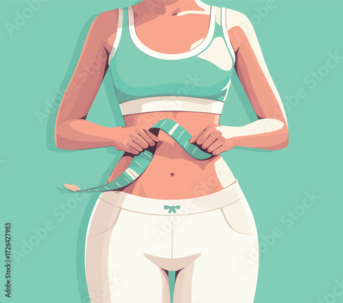 A woman in a light blue sports top is measuring her waist with a tape in a bright workout space. She looks focused on her fitness journey and body wellness.