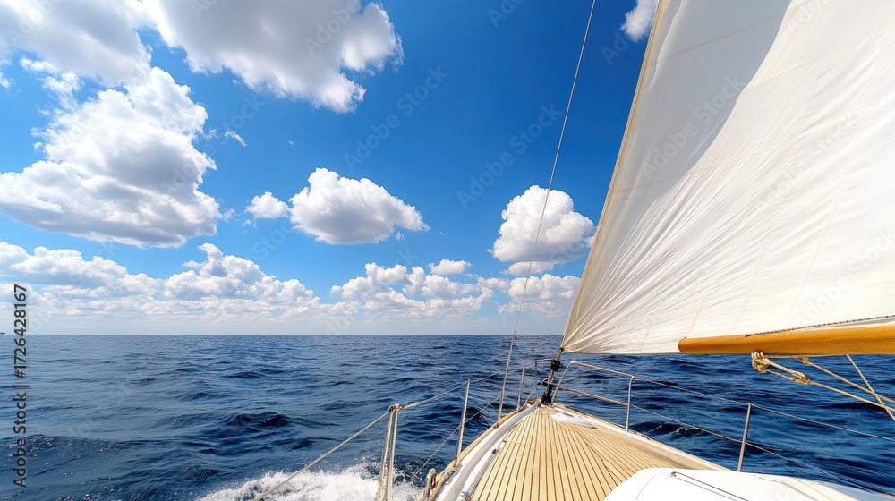 Obraz premium Sailboat gliding over calm ocean waters under bright blue sky with fluffy clouds