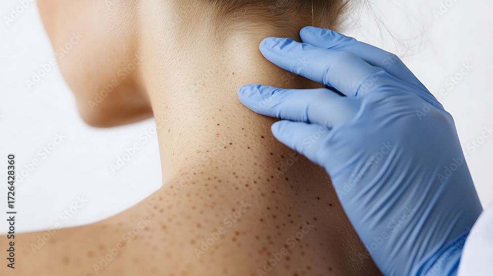 Naklejka premium Dermatological Exam: A gloved hand examines skin with moles. Regular skin checks are important for health. Early detection is key for treatment.