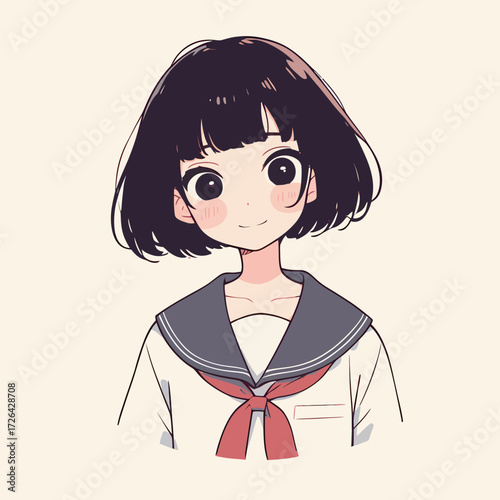 A cheerful animated character with a bob haircut and big expressive eyes wears a sailor uniform. The simple background highlights her joyful expression.