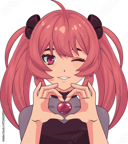 Vector art of anime girl with pink hair winking and making a heart shape with her hands cute cartoon character with big eyes