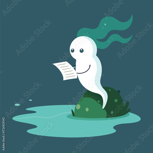 Sunbathing ghosts or beach skeletons Cute ghost reading a book by a puddle