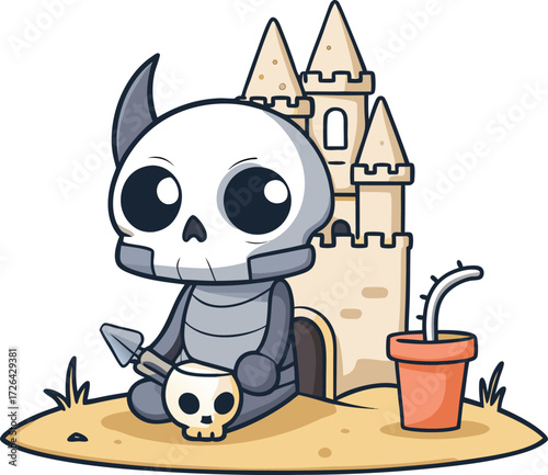 Sunbathing ghosts or beach skeletons Cute skeleton character building a sandcastle with a tiny skull bucket