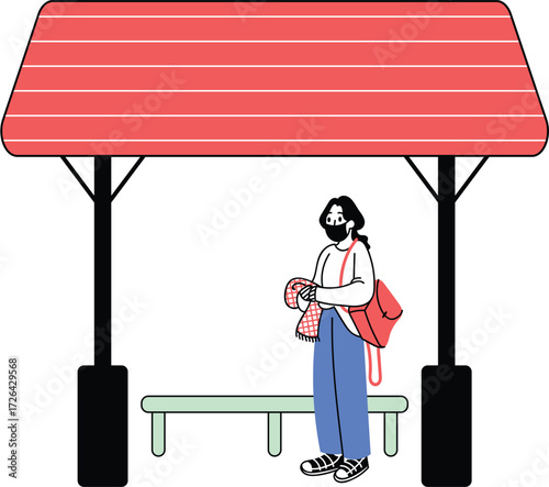 Vector art of a woman with a bag stands at a bus stop, waiting for the bus, the bus stop has a red roof and a green bench