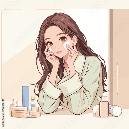 A young woman sits at a table, carefully applying lotion to her face. Skincare products are displayed around her. She enjoys her morning self-care ritual.