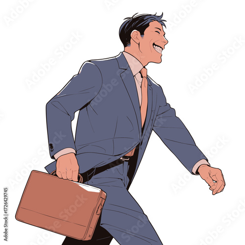 A businessman dressed in a navy suit is cheerfully walking with a brown briefcase. The setting conveys a lively urban atmosphere during morning hours.