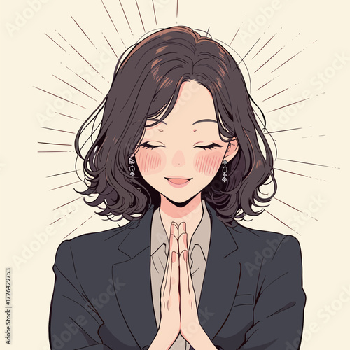 A young woman with wavy hair smiles warmly, her hands pressed together in a gesture of thanks. She wears a professional outfit and looks joyful, with gentle rays behind her.