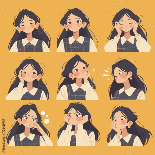 A set of nine character expressions illustrates different emotions such as happiness, surprise, and curiosity.
