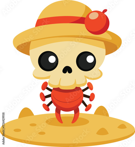 Sunbathing ghosts or beach skeletons Cute cartoon skull wearing a sun hat on a sandy beach