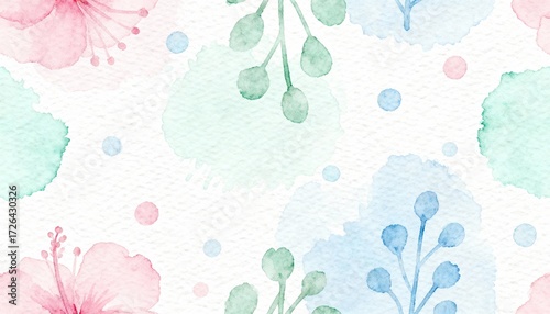 Watercolor Botanical Delight: A seamless watercolor pattern with delicate floral and botanical elements. The illustration showcases the beauty of spring in a soft, artistic fashion.