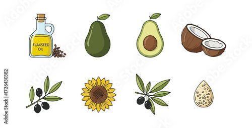 Healthy oils and fruits illustration