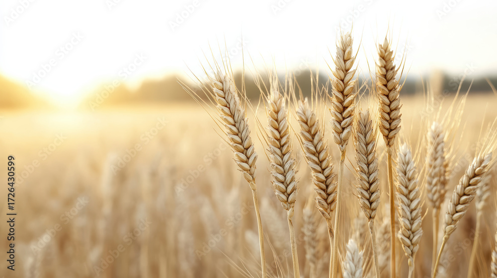 Fototapeta premium Golden wheat heads sway gently in sunlight, creating serene landscape
