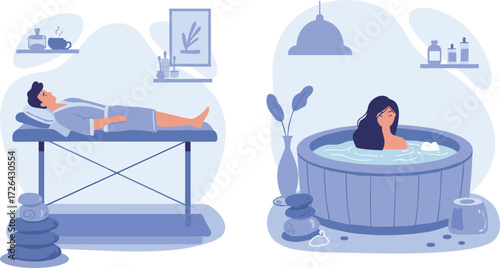 Cartoon Lifestyle Icons Featuring Massage and Hot Tub Relaxation, Calm Mood, Wellness Theme, and Self-Care Ritual Scene with Spa Decor