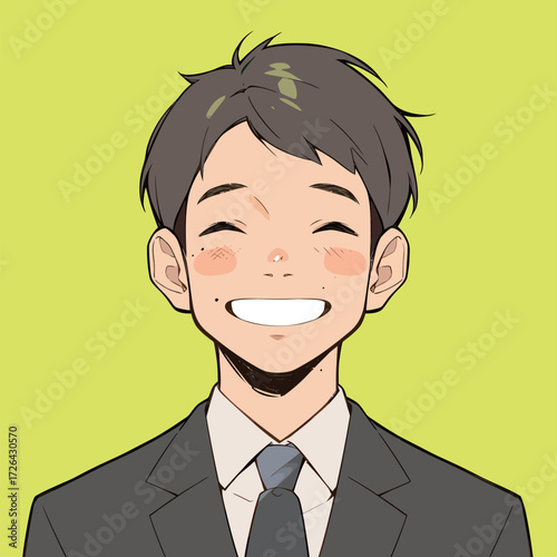 A cheerful young man wearing a suit smiles widely, showcasing his joy. The vibrant yellow background adds energy to the scene, enhancing his positivity.