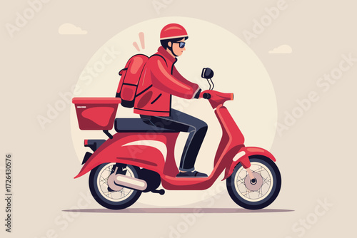A delivery rider wearing sunglasses and a red jacket rides a red scooter. The scene is bright and reflects a warm day, showcasing urban life and food delivery.