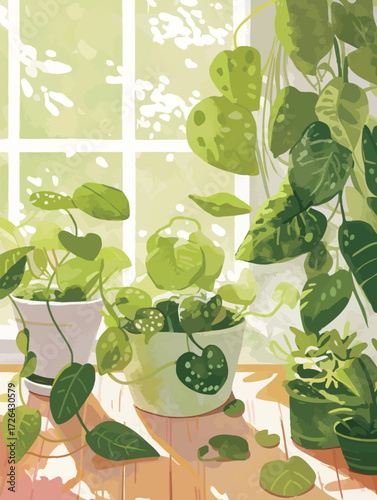 Green leafy plants thrive in pots near a sunny window, soaking up bright afternoon light that fills the room with warmth and life.