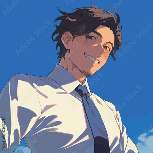 A man stands with a bright smile against a vibrant blue sky. He is dressed in a white shirt and a tie, exuding confidence and happiness.