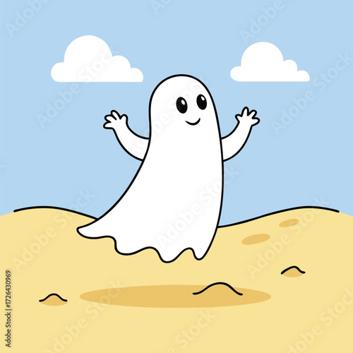 Sunbathing ghosts or beach skeletons Cute cartoon ghost floating happily on a sandy beach under a blue sky