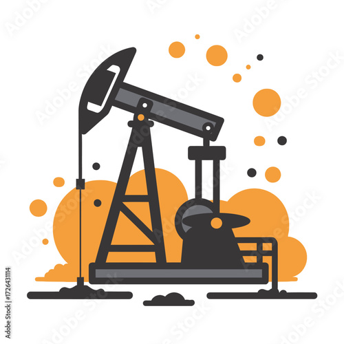 An oil pump jack is actively extracting oil in a visually striking scene filled with orange and black bubbles.