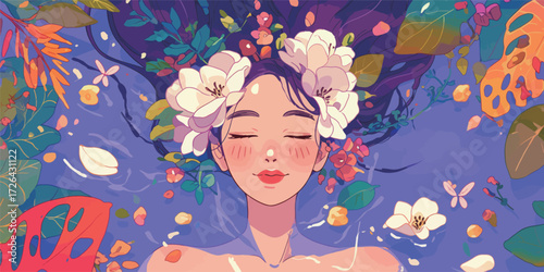 A serene scene of a woman floating in water filled with vibrant flowers and leaves. Her hair blends with the natural beauty, showcasing tranquility.