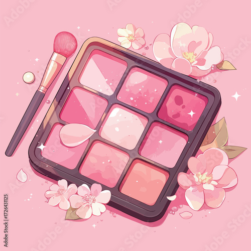 A vibrant makeup palette with various shades of pink sits next to a soft brush. Delicate flowers and petals are scattered around, enhancing the playful scene.