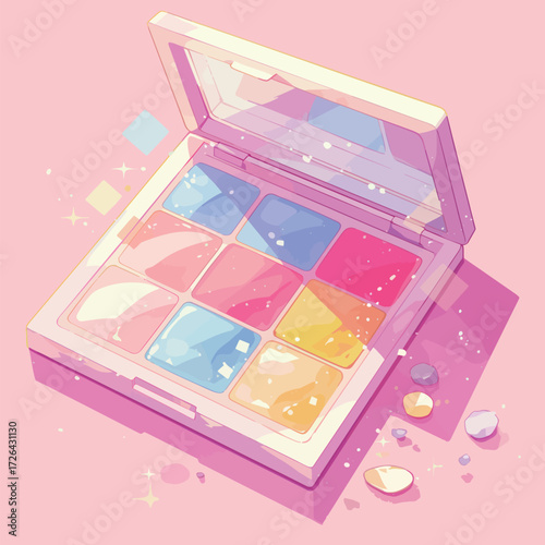 A makeup palette rests open, showcasing vibrant shades of pink, blue, and yellow. Some loose pigments surround the palette, all on a soft pink background.