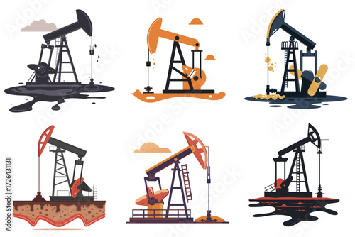 Various illustrations depict the oil extraction process, showcasing drilling rigs, oil pumps, and spilled oil. Each scene highlights a unique aspect of oil production.