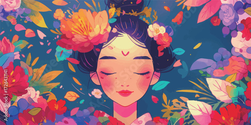A serene woman with closed eyes is adorned with flowers in her hair, surrounded by a burst of colorful blooms and leaves, creating a tranquil atmosphere.