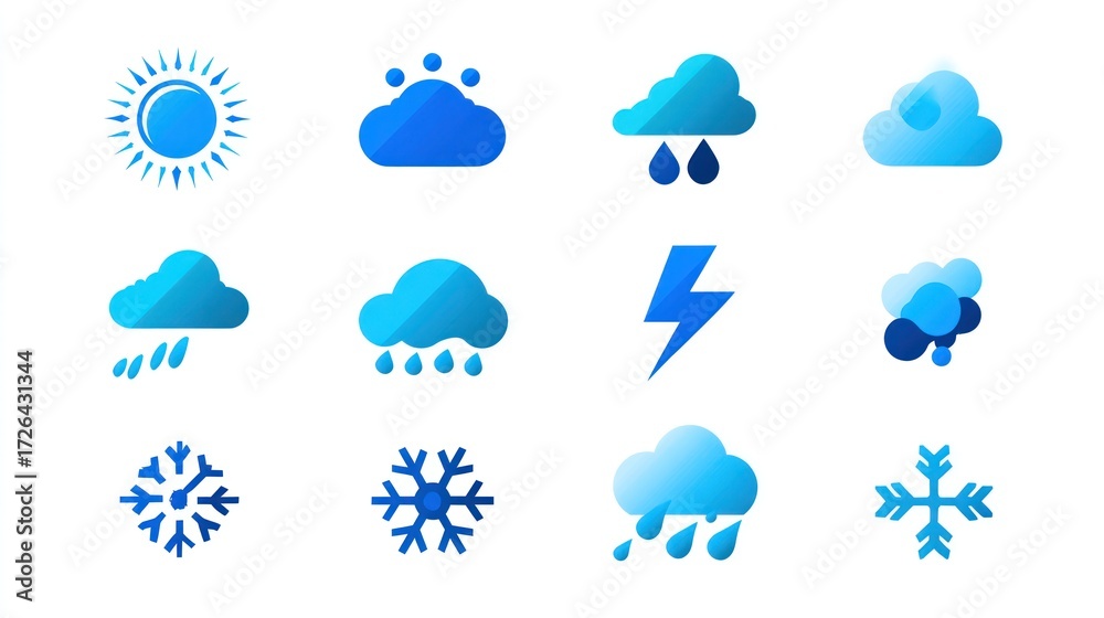 Obraz premium Weather icons, various blue shades, on white background. Flat design, simple shapes