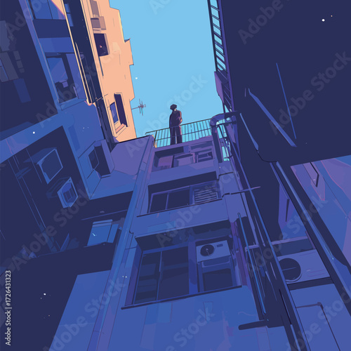 A man stands on a balcony, gazing out at a vibrant urban landscape. The buildings around him rise sharply, contrasting against the bright blue sky above.