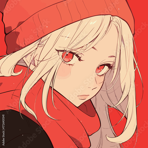 A young girl wears a vibrant red hat and scarf, her light blonde hair framing her face. The bright red background enhances her striking features in this wintry setting.