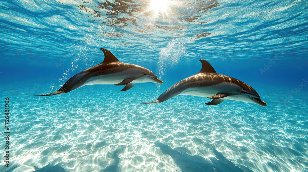 Obraz premium Dolphins swimming gracefully underwater with sunlight illuminating scene