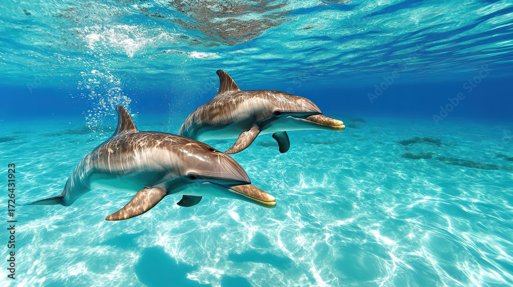 Fototapeta premium Dolphins swimming gracefully underwater, showcasing their playful nature in clear blue water