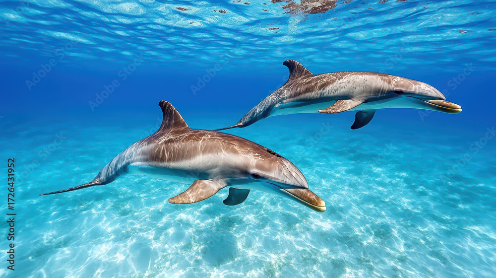 Fototapeta premium Dolphins swimming gracefully in clear blue water, showcasing their playful nature and beauty