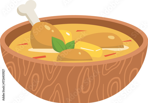 Vector art of delicious chicken stew with potatoes in a wooden bowl, garnished with fresh basil, a comforting and hearty meal