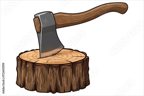 axe stuck in a log with stump and wood