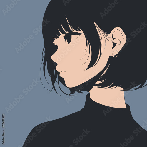 A girl with a stylish bob haircut looks thoughtfully to the side. The simple blue background highlights her features and expressions.