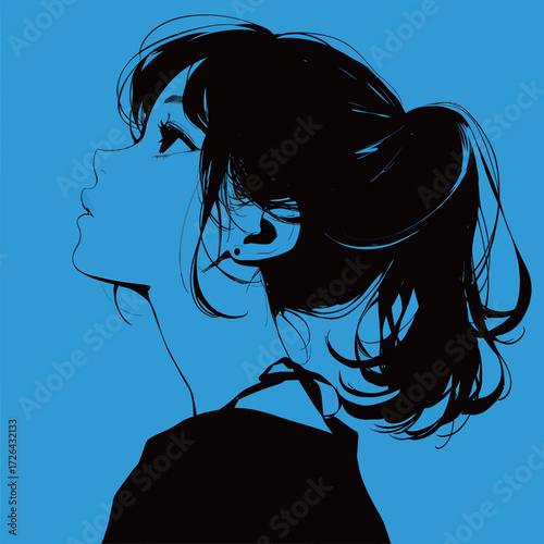 A young woman with a ponytail gazes upwards, her silhouette contrasting against a vivid blue background, creating a striking visual effect that draws attention.