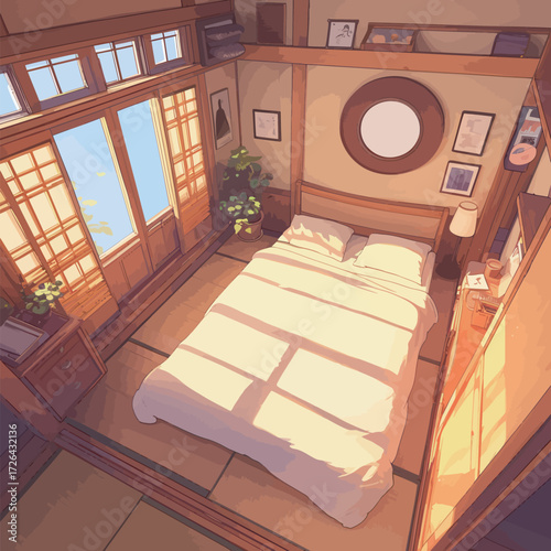 A serene bedroom features a large bed with soft linens. Natural light floods through wooden windows, creating a peaceful atmosphere with calming decor and plants.