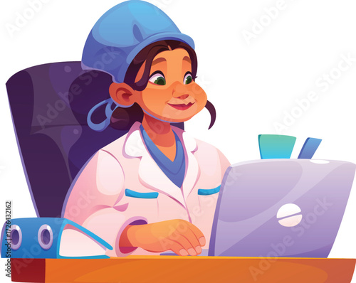 Vector art of cartoon doctor woman in uniform sitting at desk with laptop female surgeon or physician character at workplace